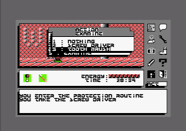 Icon Jon (Amstrad CPC) screenshot: Examining an item using the icon and menu interface.
