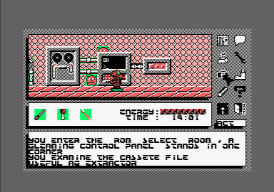 Icon Jon (Amstrad CPC) screenshot: A gleaming control panel in the ROM select room.