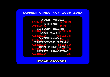 Summer Games (Amstrad CPC) screenshot: World records.