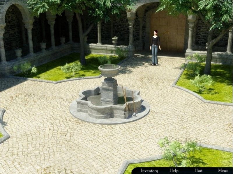 Hotel (Windows) screenshot: Near the fountain, looking for a way to enter the inaccessible part of the castle.