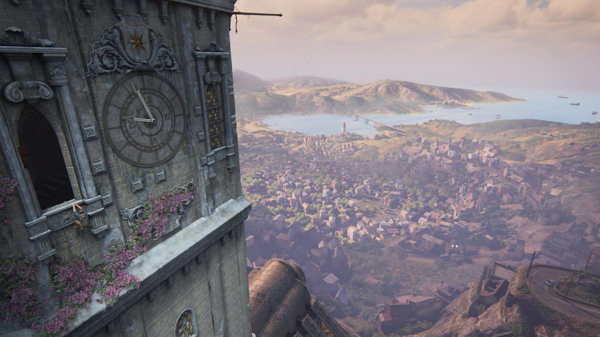Uncharted: Digital Bundle (PlayStation 5) screenshot: Uncharted 4: Climbing a tall clock tower