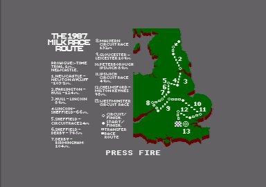 Milk Race (Amstrad CPC) screenshot: Map of the race route.
