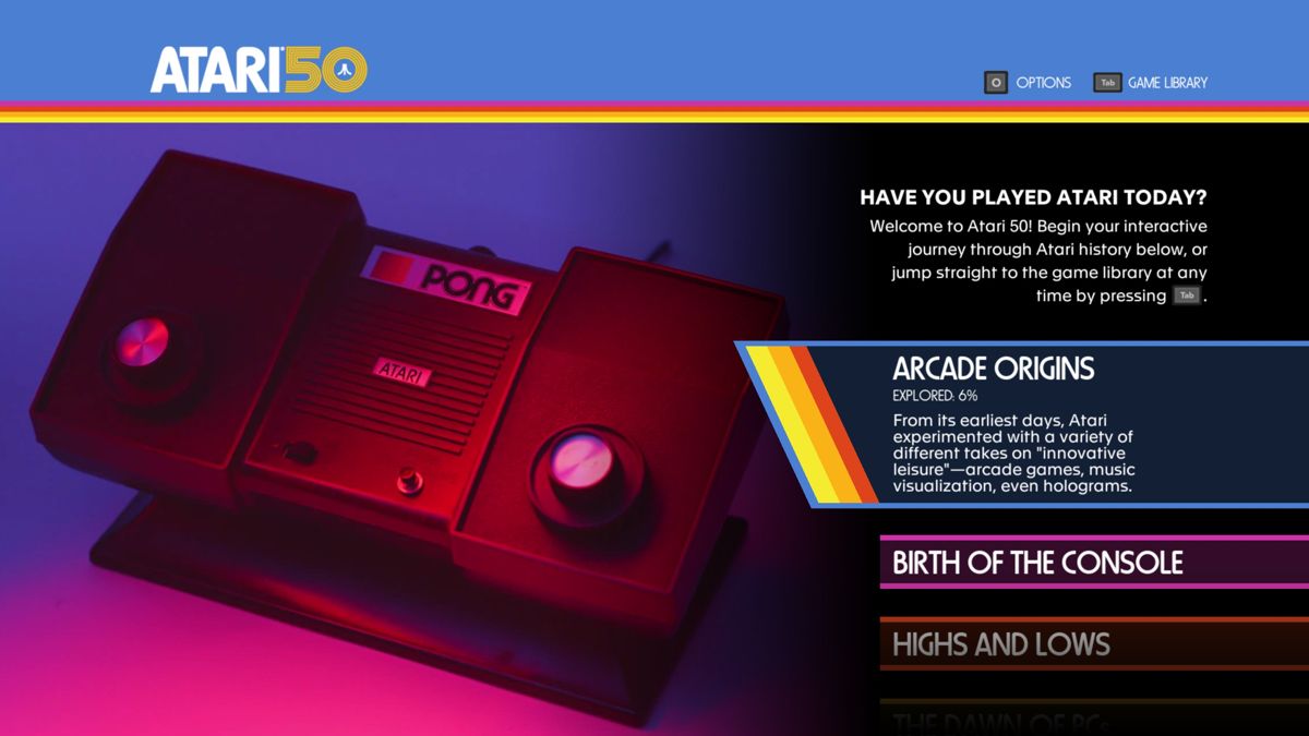 Atari 50: The Anniversary Celebration (Windows) screenshot: Main menu where you can select a time period.