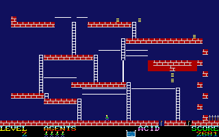 Infiltrator (DOS) screenshot: Level 2. Both guards are trapped at the bottom of the screen.