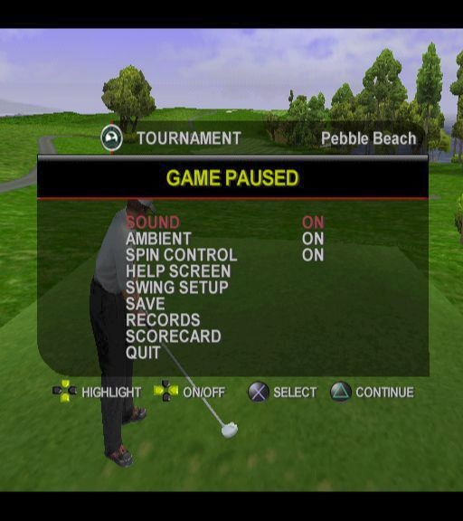 Tiger Woods PGA Tour 2001 (PlayStation 2) screenshot: The in-game pause menu