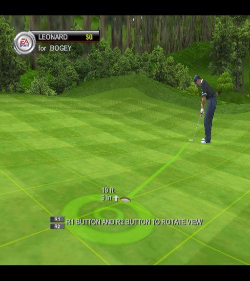Tiger Woods PGA Tour 2001 (PlayStation 2) screenshot: Putting. Though the customary grid view is not displayed automatically it is still available. The camera viewpoint can be rotated too