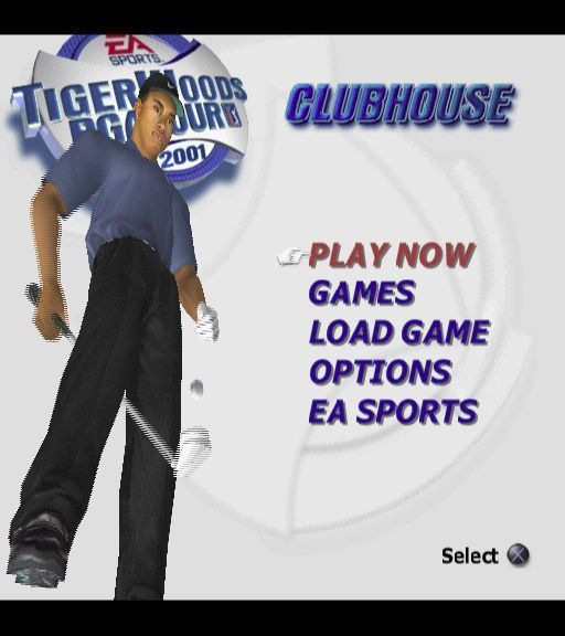Tiger Woods PGA Tour 2001 (PlayStation 2) screenshot: The main menu. While menus are displayed Tiger Woods bounces a ball on the end of his club and does a variety of tricks