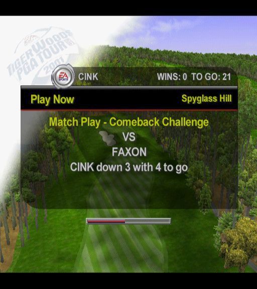 Tiger Woods PGA Tour 2001 (PlayStation 2) screenshot: The Play Now option on the main menu takes the player to a series of challenges.