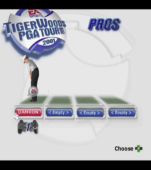 Tiger Woods PGA Tour 2001 (PlayStation 2) screenshot: Starting a Tournament.<br>This will be played as a single player match. The choice of golfer is up to the player. On the next screen the player selects one of the three courses