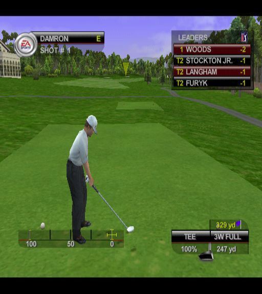 Tiger Woods PGA Tour 2001 (PlayStation 2) screenshot: Preparing to tee off in a tournament at Pebble Beach<br>Because this is a tournament there's an extra information box in the top right