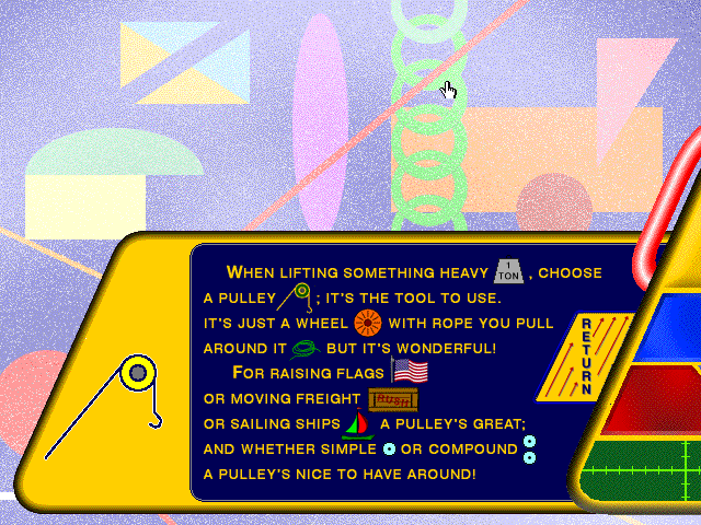 Adventures with Oslo: Tools and Gadgets (Windows 3.x) screenshot: An educational entry about pulleys