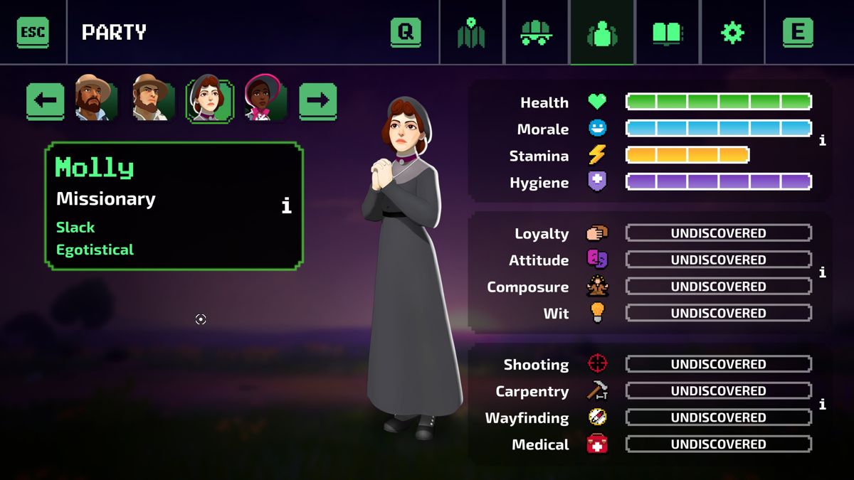 The Oregon Trail (Windows) screenshot: Character status and details