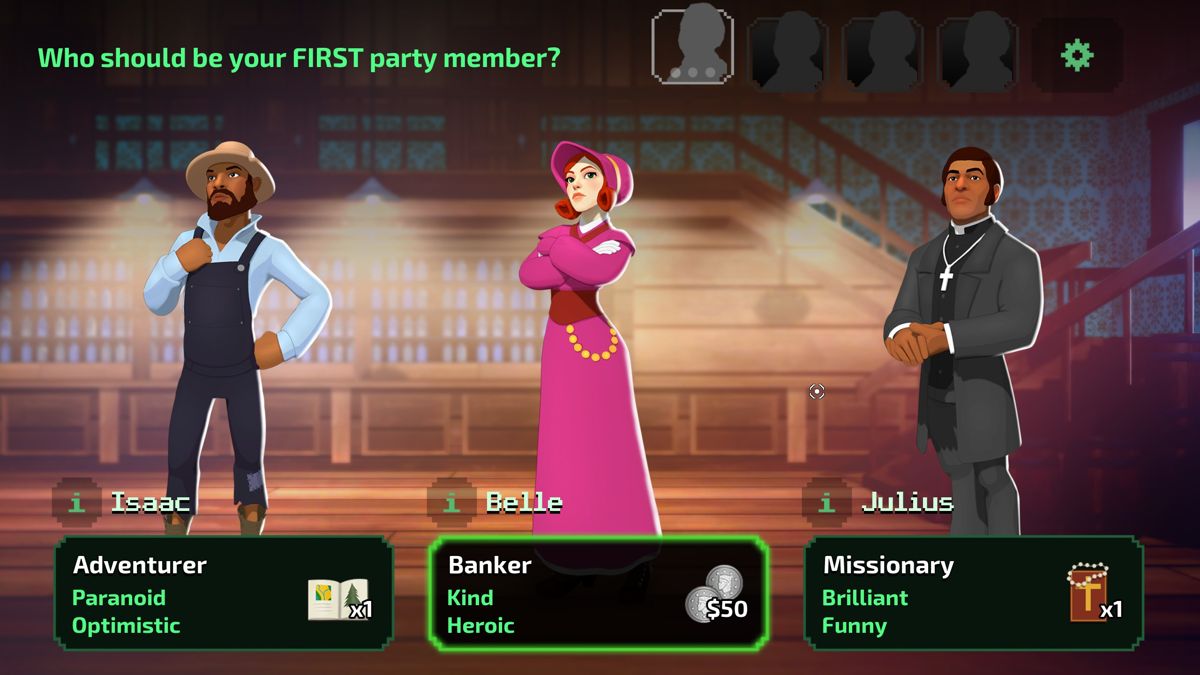 The Oregon Trail (Windows) screenshot: Select the characters for your party.