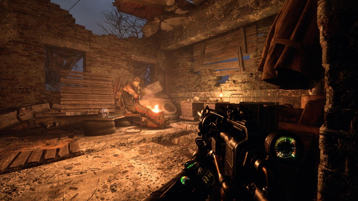 Metro: Exodus (PlayStation 5) screenshot: Sneaking to a dozed off sentry