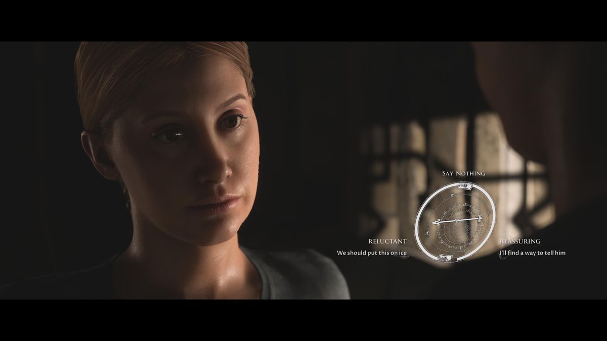 The Dark Pictures: House of Ashes - Curator's Cut (PlayStation 5) screenshot: Rachel deciding on whether to tell her husband about the affair