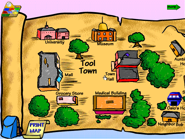 Adventures with Oslo: Tools and Gadgets (Windows 3.x) screenshot: Choosing the next location in the adventure game