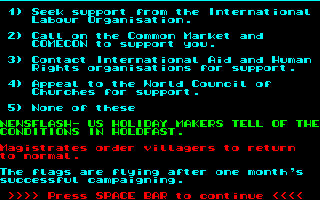 Hold Fast (Amstrad CPC) screenshot: Options for international protest.