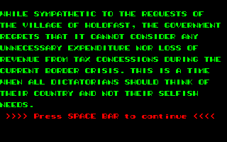 Hold Fast (Amstrad CPC) screenshot: The government refuses to help.
