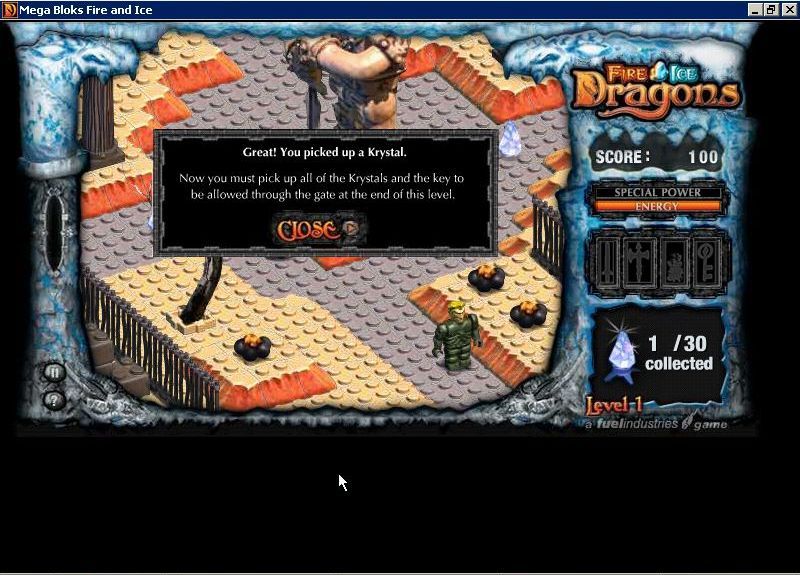 Dragons: Fire & Ice (Windows) screenshot: We got our first krystal and an in-game message.<br>