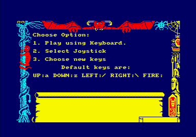Dragontorc (Amstrad CPC) screenshot: Game options menu.