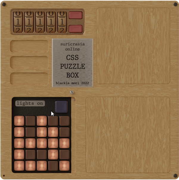 CSS Puzzle Box (Browser) screenshot: Behind the panel is "lights on", a Lights Out style puzzle.
