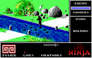 The Last Ninja (DOS) screenshot: Jumping the river stones