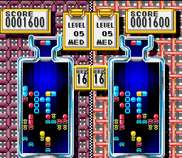 Tetris & Dr. Mario (SNES) screenshot: Mixed Match game 2: a massive viral disinfection with Dr. Mario's vitamin capsules.