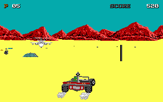 Heavy Metal (DOS) screenshot: In FAV driving in Desert. Enemy helicopter is here also. (EGA)