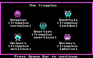 Number Munchers (DOS) screenshot: Introducing the Troggles (CGA)