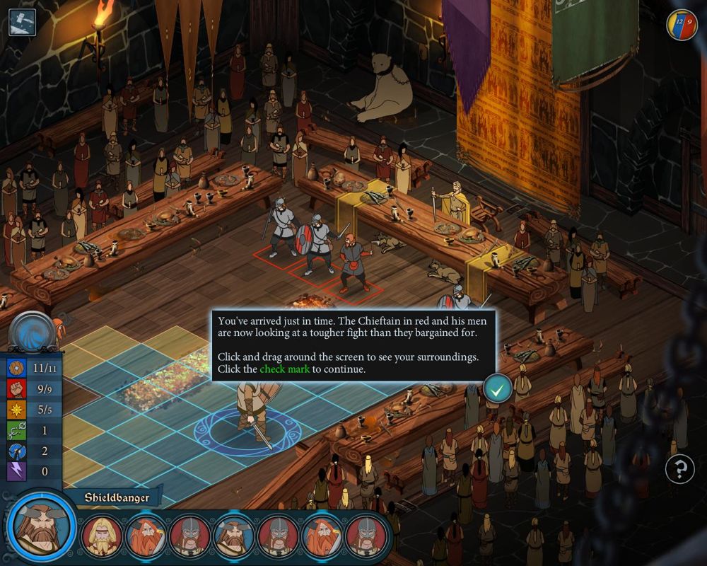 The Banner Saga (Windows) screenshot: First combat scene - Many of the early combat scenes come with a tutorial of the basic concepts during combat.