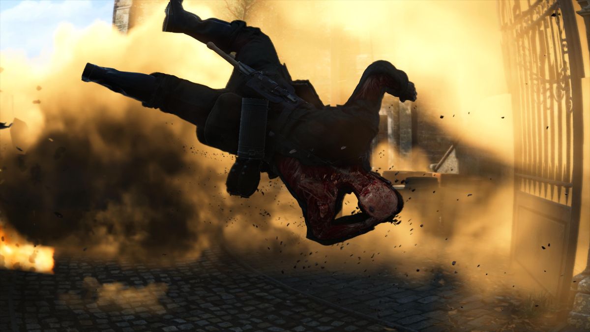 Sniper Elite 5: France (PlayStation 5) screenshot: Enemy soldier stepping on one of my booby traps
