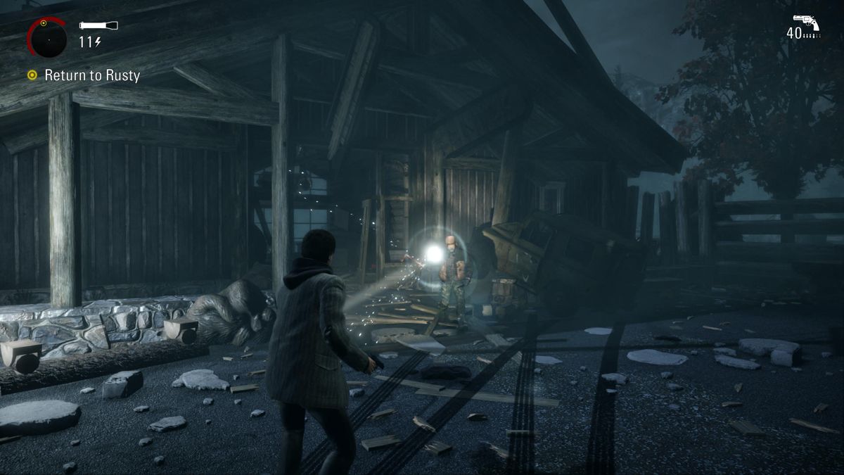 Alan Wake: Remastered (PlayStation 5) screenshot: Alan Wake: Fighting the Taken at Rusty's place