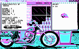 Harley-Davidson: The Road to Sturgis (DOS) screenshot: Checking my inventory. (CGA)