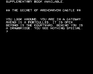 The Secret of Arendarvon Castle (BBC Micro) screenshot: Title Screen and the start location.