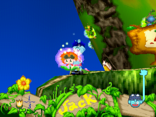 Ten Made Jack: Odoroki Mamenoki Daitoubou!! (PlayStation) screenshot: Grabbing a flower