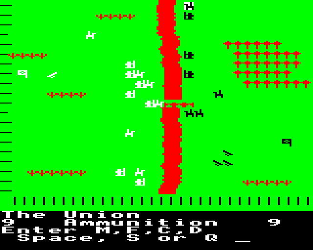 Johnny Reb (BBC Micro) screenshot: Heavy losses on the Union side but the artillery keeps pounding the Confederates.