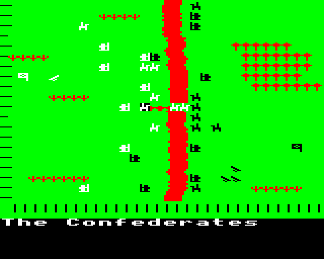 Johnny Reb (BBC Micro) screenshot: Forces center around the bridge in the middle of the battlefield.
