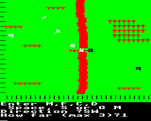 Johnny Reb (BBC Micro) screenshot: Many Confederate forces were defeated but now only a single Union infantry unit remains.