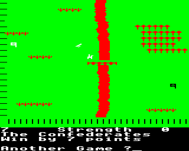 Johnny Reb (BBC Micro) screenshot: The Confederates gain a small victory although their forces have been almost completely destroyed.