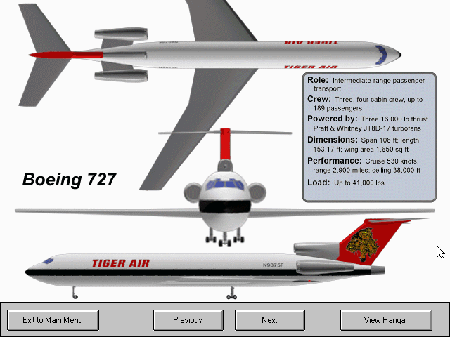 Air Havoc Controller (Windows 3.x) screenshot: Viewing the stats of the Boing 727