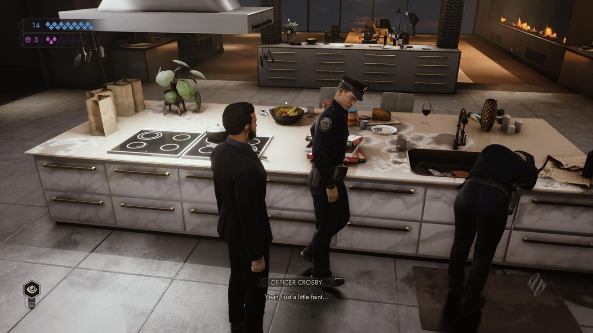 Vampire: The Masquerade - Swansong (PlayStation 5) screenshot: Checking for clues around the kitchen