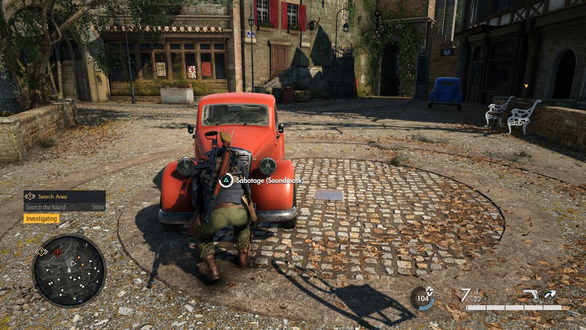 Sniper Elite 5: France (PlayStation 5) screenshot: Sabotaging car engines will create sporadic noise that can camouflage your shots