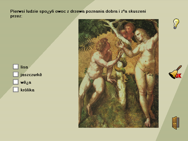 Na tropach języka polskiego (Windows) screenshot: Quiz about "basic knowledge", here asking about the animal that told Adam to eat apple in Eden.