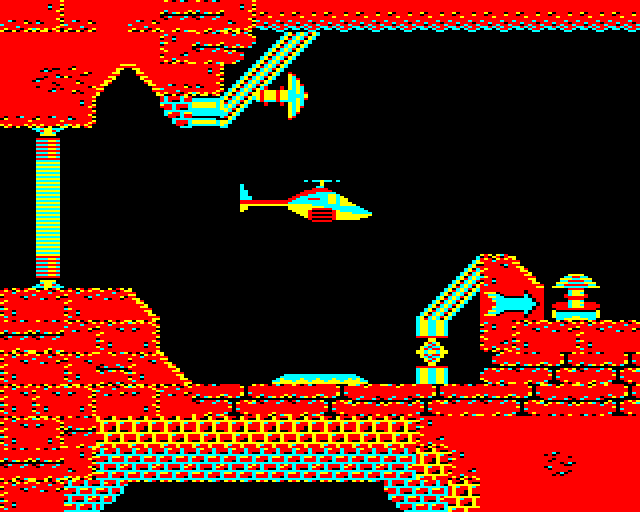 Airwolf (BBC Micro) screenshot: The way to the left is blocked so we head to the right.