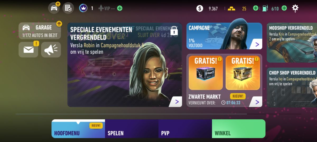 Need for Speed: No Limits (Android) screenshot: The main menu and hub (2023 Dutch version)