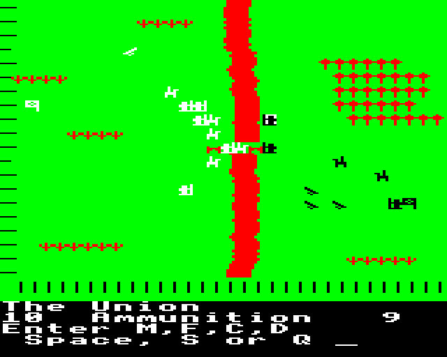 Johnny Reb (BBC Micro) screenshot: The Union attempts to hold off the onslaught at the bridge.