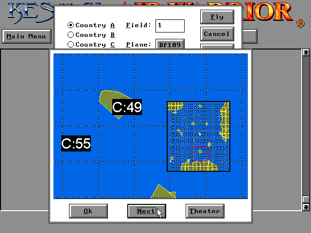 Air Warrior (DOS) screenshot: There are 3 combat areas (instead of 1) on v1.5. All 3 are huge, and have sub-areas to duel in.