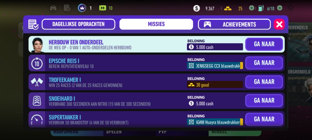 Need for Speed: No Limits (Android) screenshot: Missions (2023 Dutch version)