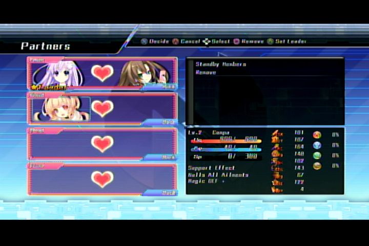 Hyperdimension Neptunia mk2 (PlayStation 3) screenshot: Characters can be put in pairs with others to give advantages like more XP earned or immunity to some illness.