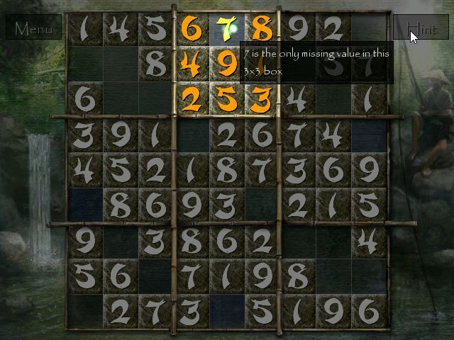 Zen of Sudoku (Windows) screenshot: There is a hint feature. This will show the next cell the player should consider, when clicked again it will explain why, when clicked again it inserted the number